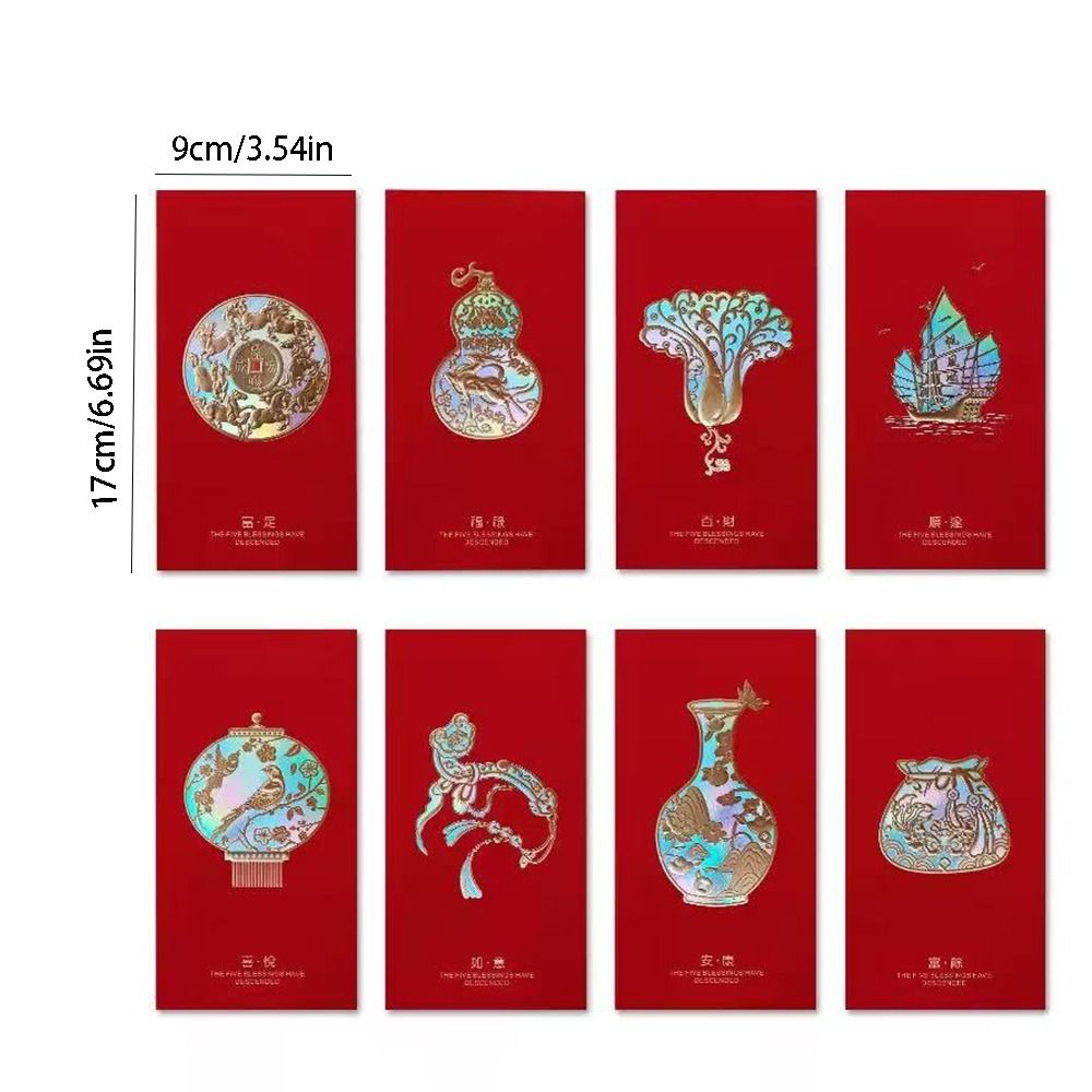 8pcs New Year Decor Chinese Style Red Envelopes Traditional Blessing Red Packets Thickened Hot Stamping Hongbao Spring Festival