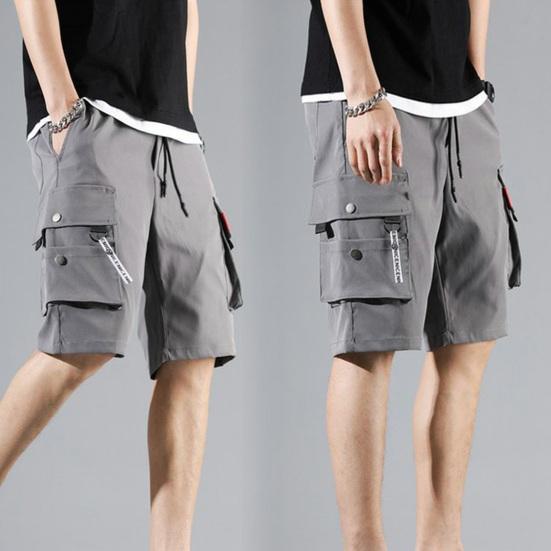 Summer Men Elastic Waistband Drawstring Shorts Multi Pockets Solid Color Straight Wide Leg Mid-rise Sport Cargo Shorts Streetwear