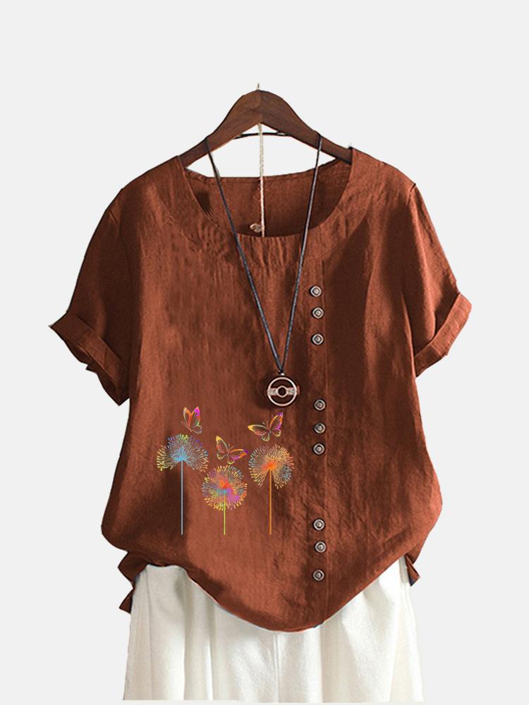 Women Fashion Round Collar Top Floral Print T-shirt Casual Short Sleeve Top Ladies Loose Blouse