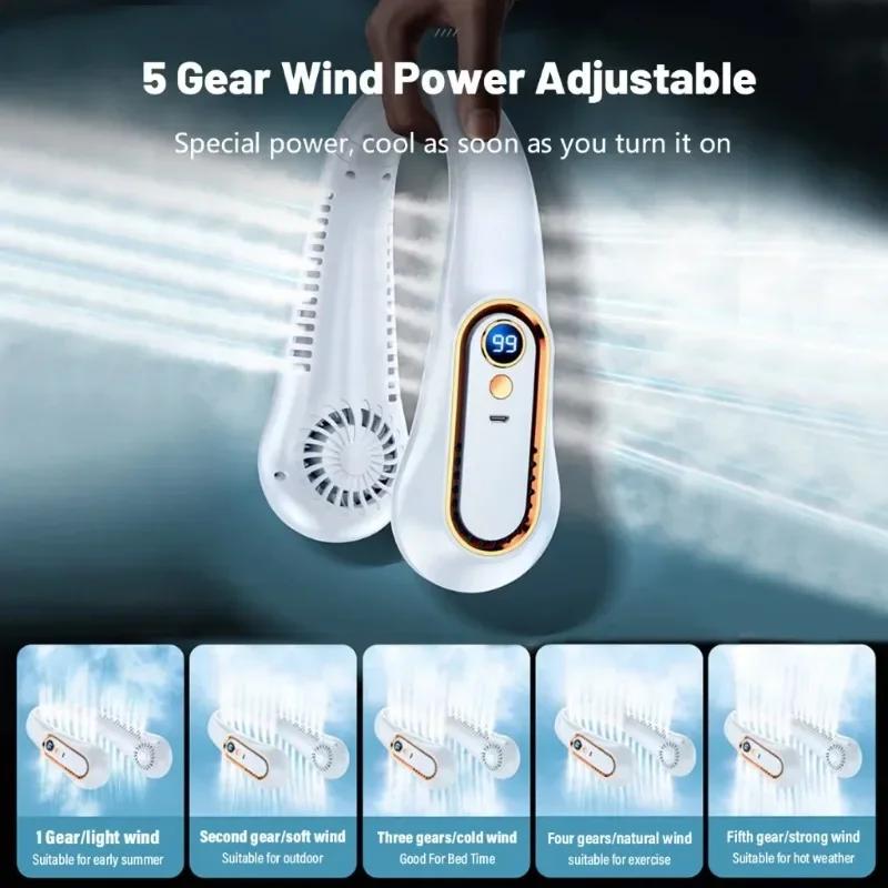 1PCS 5 Gears Hanging Neck Fan 720 ° Circulating Air Outlet Smart Digital Display 7000mAh Long Battery Life For Fitness City Walk