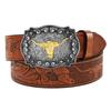 Men's Bull Head Western Leather Belt with Large Buckle