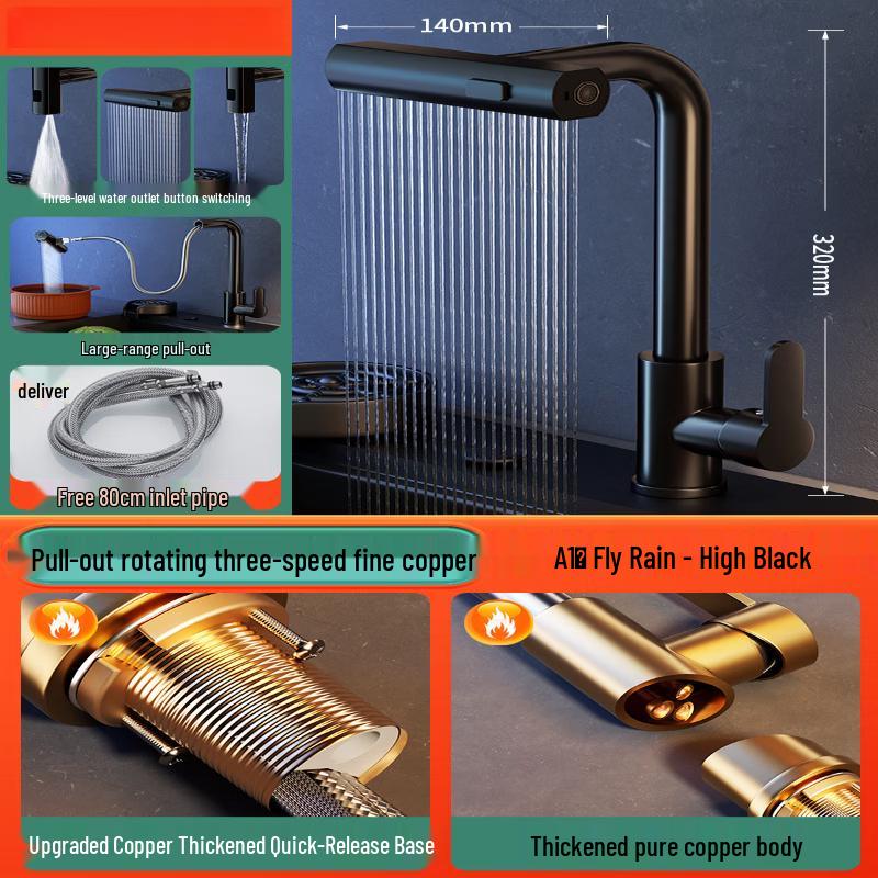 Yuanbin Yanno Gunmetal Gray Pull-Out Kitchen Waterfall Faucet
