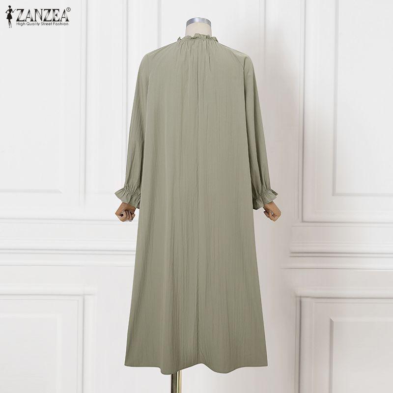 ZANZEA Women Casual Round Neck Long Sleeve Casual Baggy Long Maxi Swing Dress
