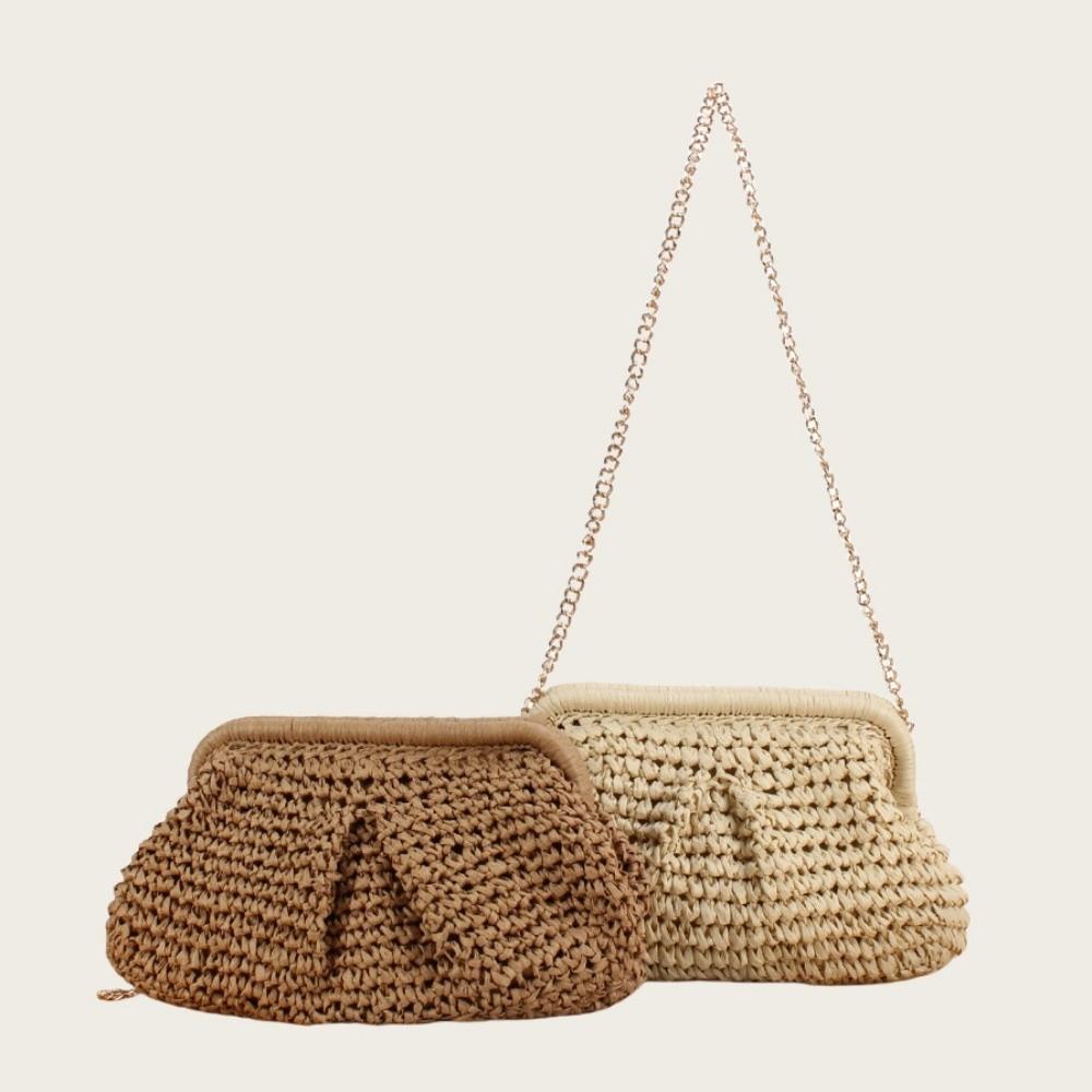 New Large Capacity Straw Woven Bag Solid Color Straw Weaving Straw Crossbody Handbag with Chain Strap Shoulder Bag Beach