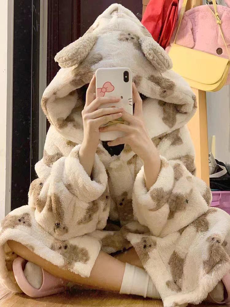 Pigiama da donna in flanella spessa con orsetto: Accappatoio Lungo in Pile di Corallo Autunno/Inverno & Abbigliamento da Casa Dolce Principessa