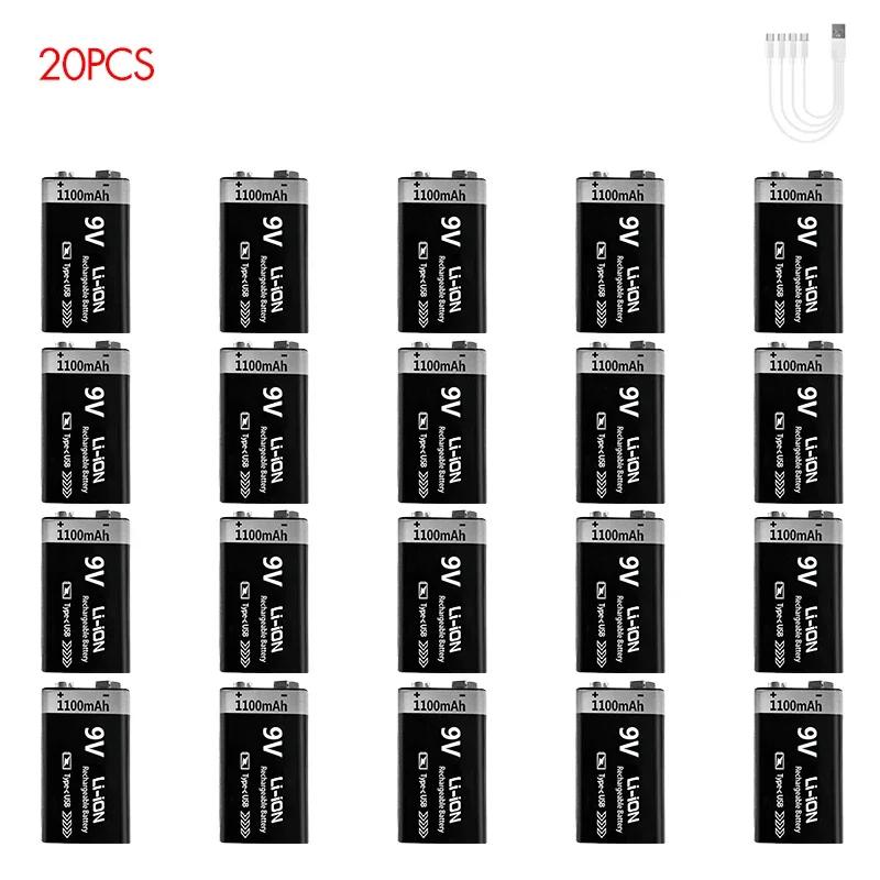9V Battery Rechargeable 1100mAh USB Type-C 6F22 9V Li-ion Battery for Multimeter, RC Toys, Guitar Pedal, Microphone