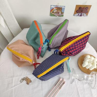 Japanese Contrast Plaid Cosmetic Bag, Large Capacity Storage & Pencil Case