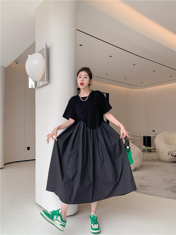 Plus Size Summer Pleated Black Vintage Dresses For Women Oversized Short Sleeve Loose Casual Long Dress Korean Clothing