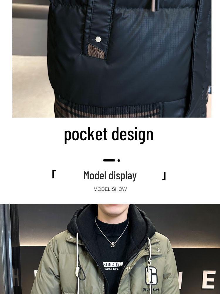 Trendy Brand 2025 Men's Winter Down Hooded Jacket, Faux Two-Piece, High-End Casual Warm Outerwear