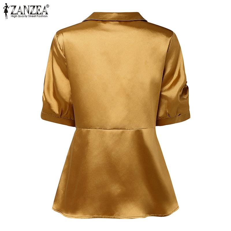 ZANZEA Damska Bluzka Satynowa z Kołnierzykiem i Krótkim Rękawem, Luźna, Casualowa, Patchworkowa