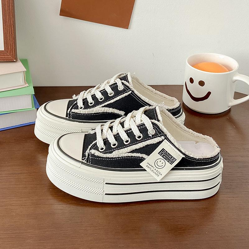 Baotou slippers women's summer wear 2025 new canvas shoes versatile students lazy half drag thick soles ins tide