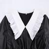Peter Pan Collar Patchwork PU Leather Black Dress Women Elegant Pleated Elastic Waist Short Dresses Autumn Winter New Punk