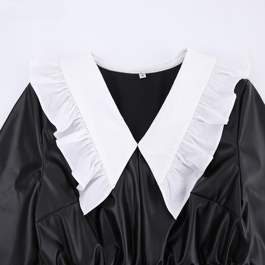 Peter Pan Collar Patchwork PU Leather Black Dress Women Elegant Pleated Elastic Waist Short Dresses Autumn Winter New Punk