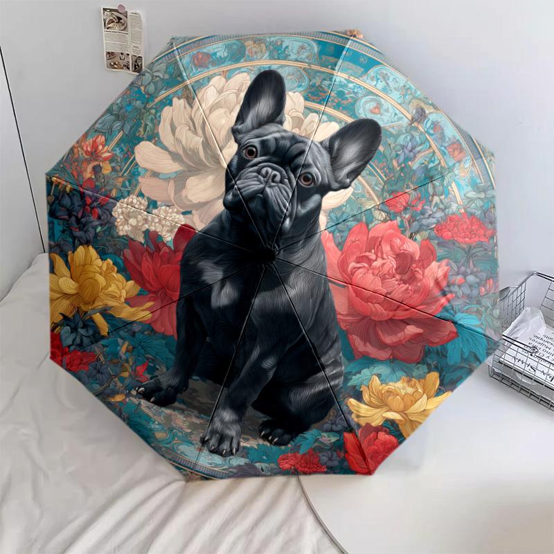 0106 Floral Black Dog  pattern, automatic folding umbrella, portable and foldable design, 8 ribs, a Christmas or birthday gift.