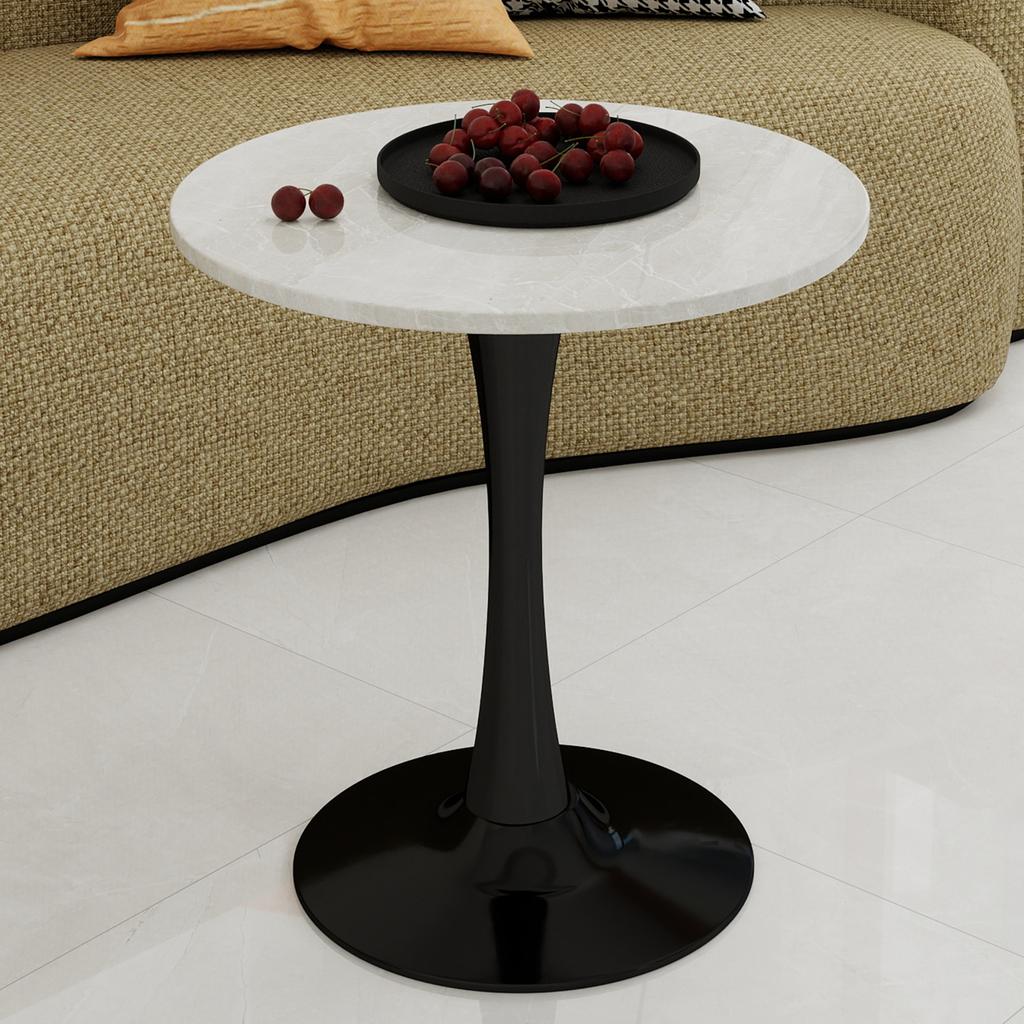 27.6-Inch black coffee table, mid-century modern style, for 2-4 people, round marble tabletop with a white veined finish, various settings.