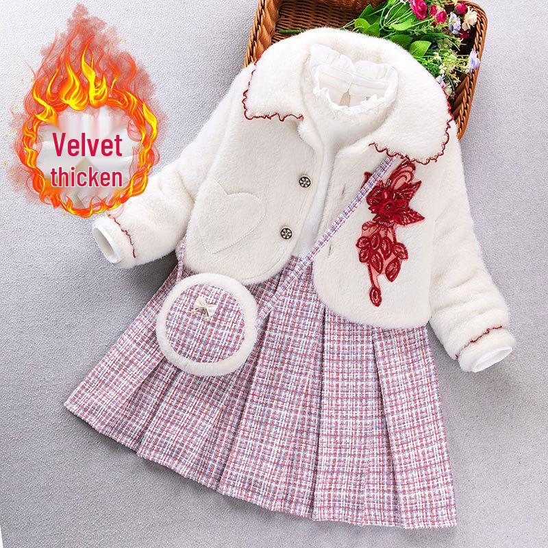 

Girls 2025 Autumn/Winter Velvet Dress Two-Piece Set - Princess Style 150cm білий