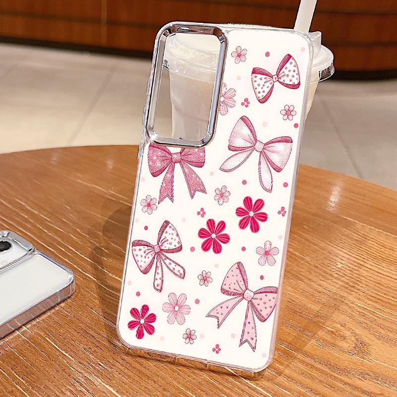 Cute Cartoon Bowknots Print Case For Samsung S26 S25 Ultra S24 FE S23 Plus S22 S21 A15 A16 A17 A35 A36 A37 A54 A55 A56 A57 5G Plating Lens Soft Cover
