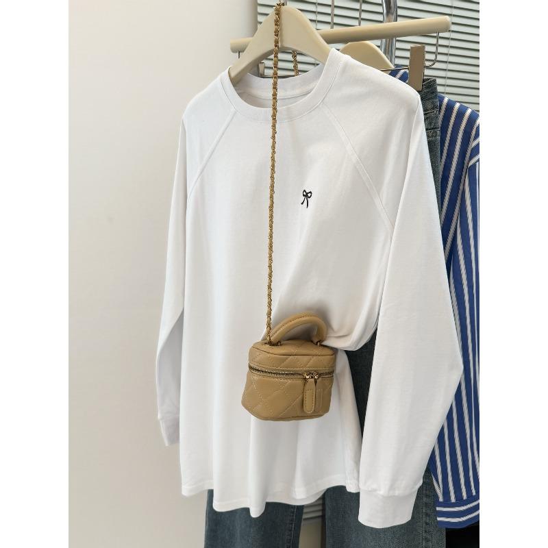 

Реальное фото вышитая футболка с длинным рукавом женская сезон свободная внутренняя рубашка дизайн чувство сращивания топ XL белый