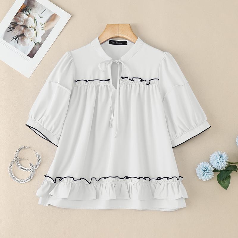 ZANZEA Women Lace Up Round Neck Casual Short Sleeve Blouse