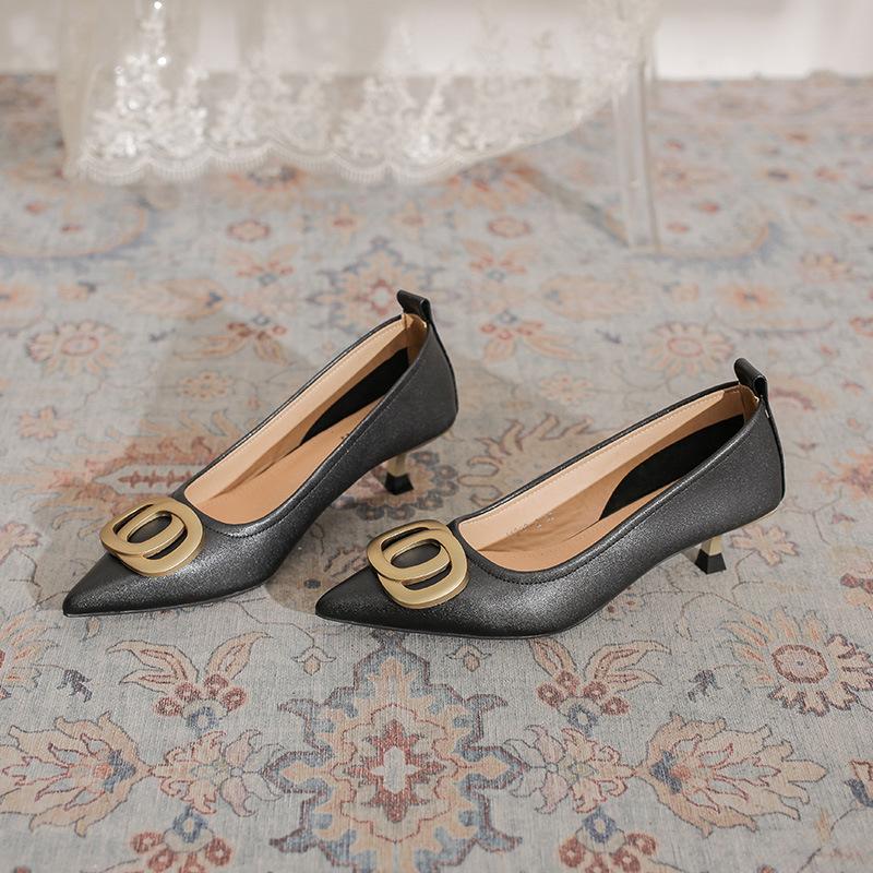 Pointed Stiletto High Heels Commuting Temperament Shallow Mouth French Metal Buckle Spring 2025 New Fashion Single Shoes Women