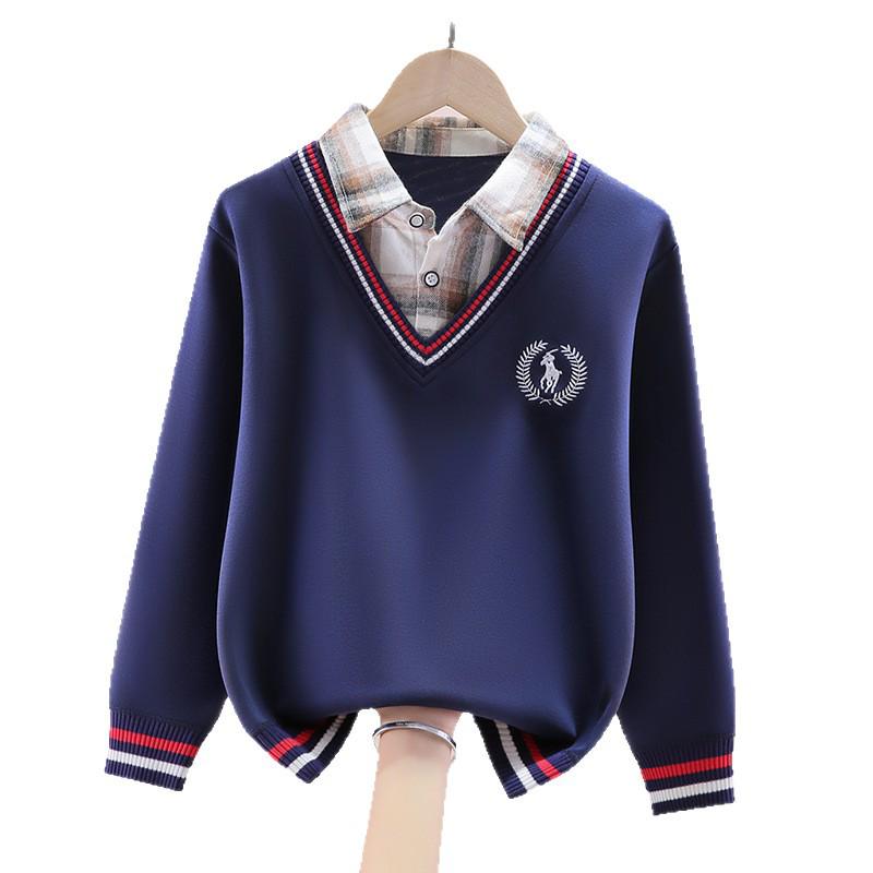 Boys' Autumn/Winter Fake Two-Piece Fleece Pullover Long-Sleeve T-Shirt