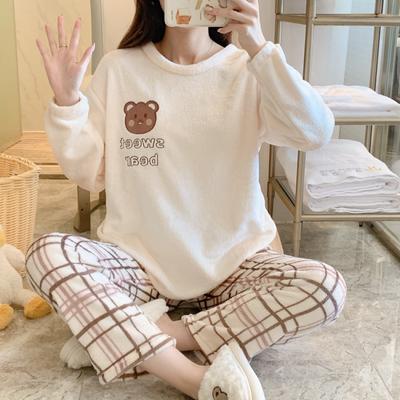 Winter Fleece Thick Women's Pajamas Set Cute Bear Plaid Long Sleeve Womens 2 Piece Outfit Set Printing Pijamas Set