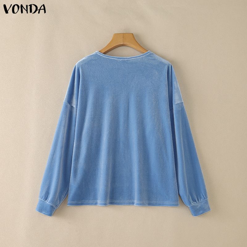 VONDA Autumn Women Casual Long Sleeve Loose Fit Velvet Henley Blouse Pullover Tops