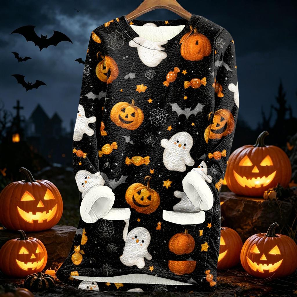 Womens Long Sleeve Fleece Lined Pullover Dress Halloween Pumpkin Print Thick Sherpa Sweatshirt Tunic for Fall Winter