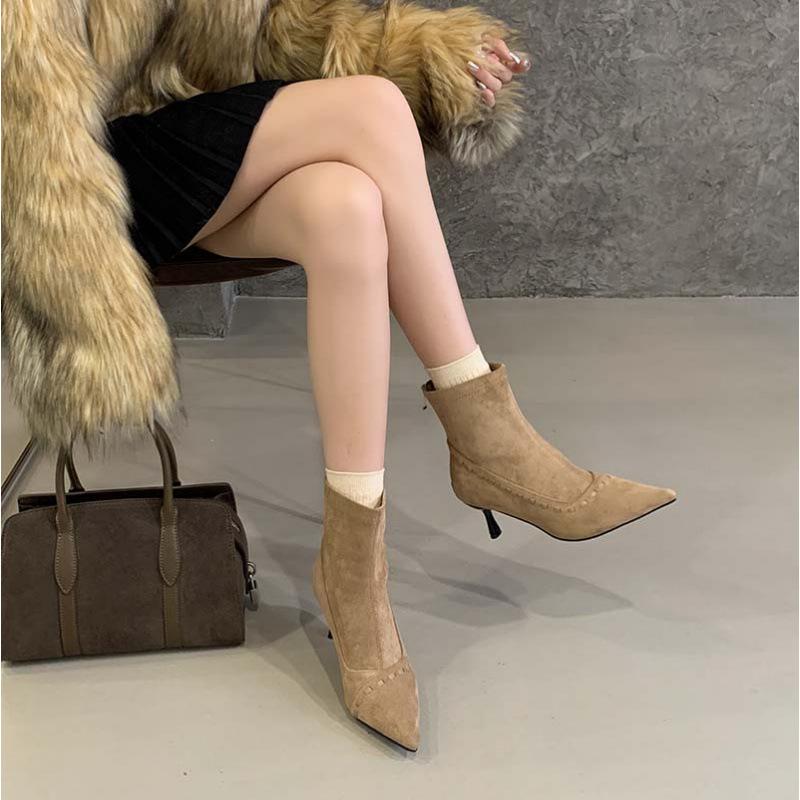 European and American sweet and spicy simple commuter short boots women's 2025 autumn and winter new suede pointed rear zipper high-heeled fashion