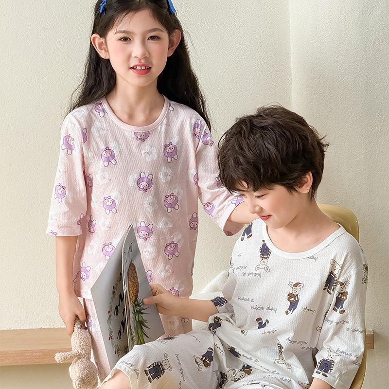 Kids' Pure Cotton Summer Pajama Set: Boys & Girls Three-Quarter Sleeve Homewear