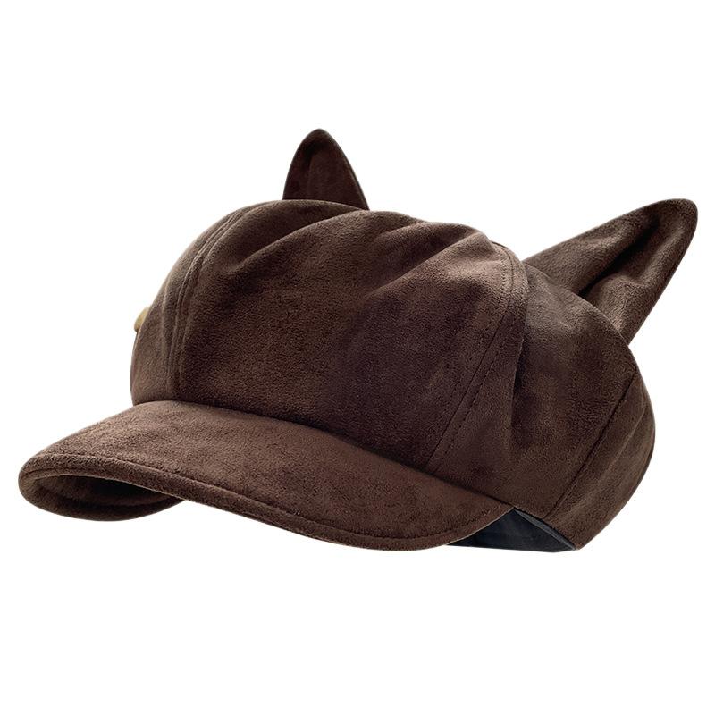 Korean Retro Cat Ears Octagonal Hat Women's Autumn and Winter Face Showing Newsboy Hat Brushed Warm Beret