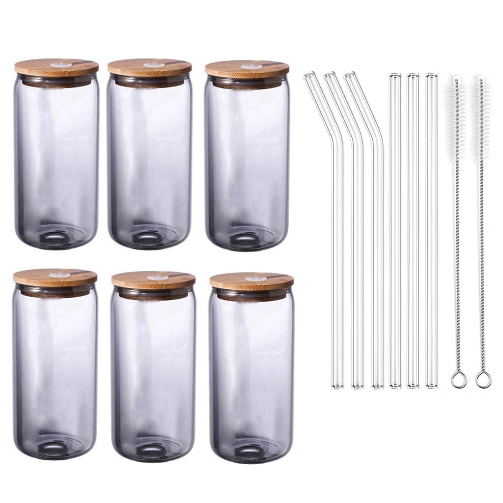 6pcs 400/500ml Glass Cup with Bamboo Lid and Straw Bubble Tea Cup Glasses Cups Beer Can Coffee Cup Cold Wine Cola Drinkware