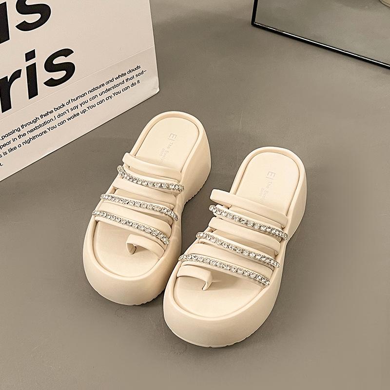 

Rhinestone black fashion sandals women s 2025 spring and summer new thick-soled Roman versatile height-increasing slippers outer wear 35