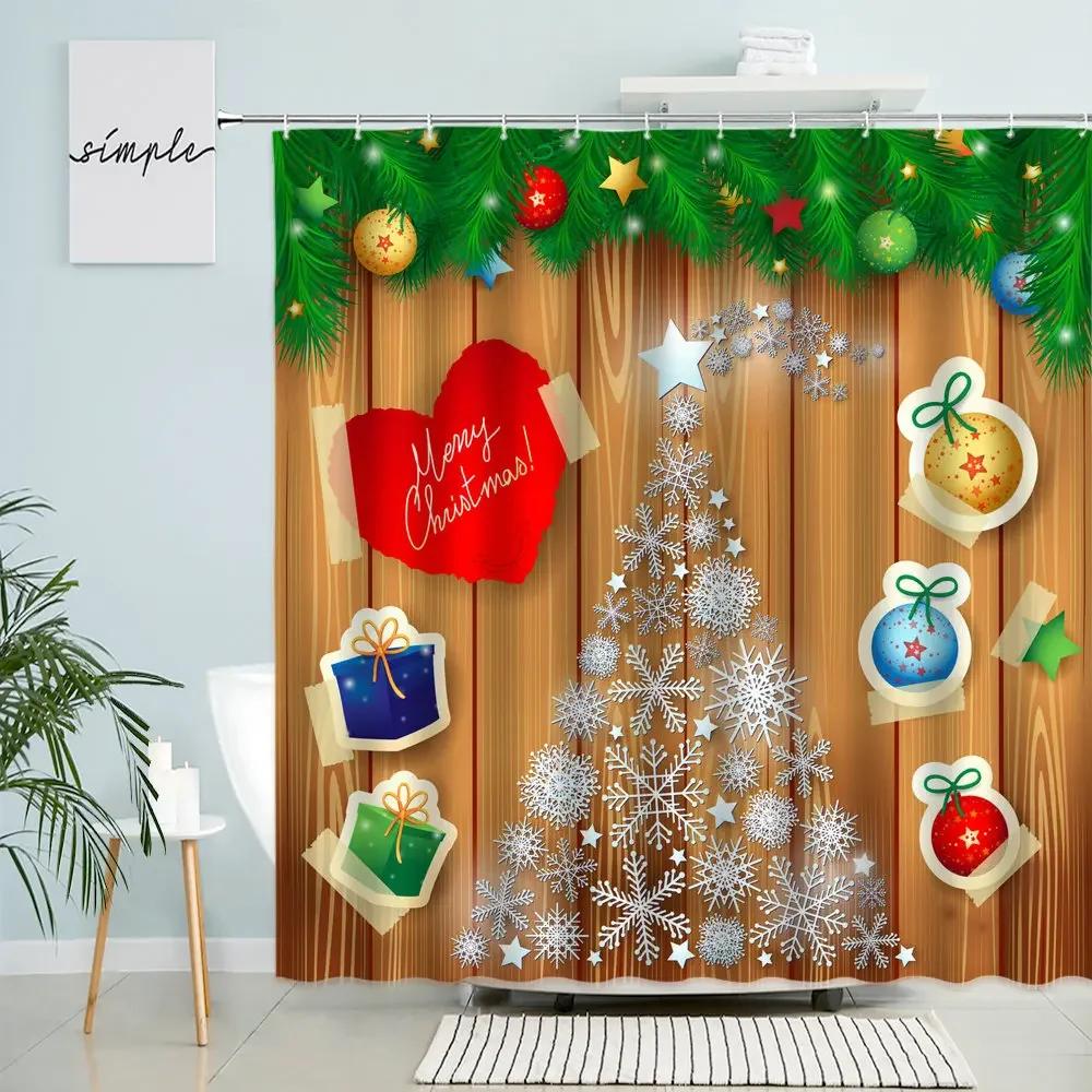 

Retro Christmas New Year Shower Curtain Old Wooden Board Xmas Tree Car Snowflake Garland Country Farmhouse Home Bathroom Decor W60H190(CM)-1 Pcs