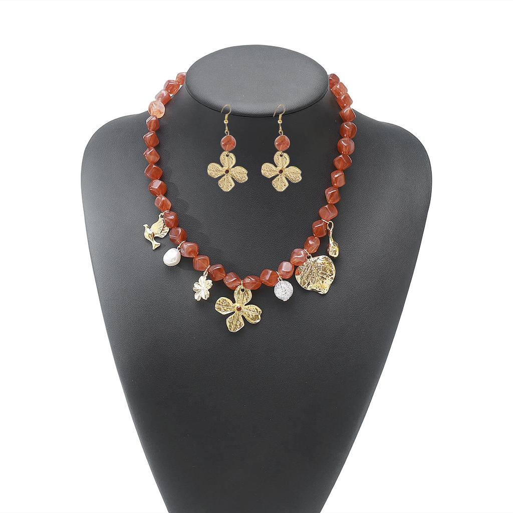 N11811 Bohemian Acrylic Beaded Necklace Metal Flower Pendant Earrings Jewelry Set Women