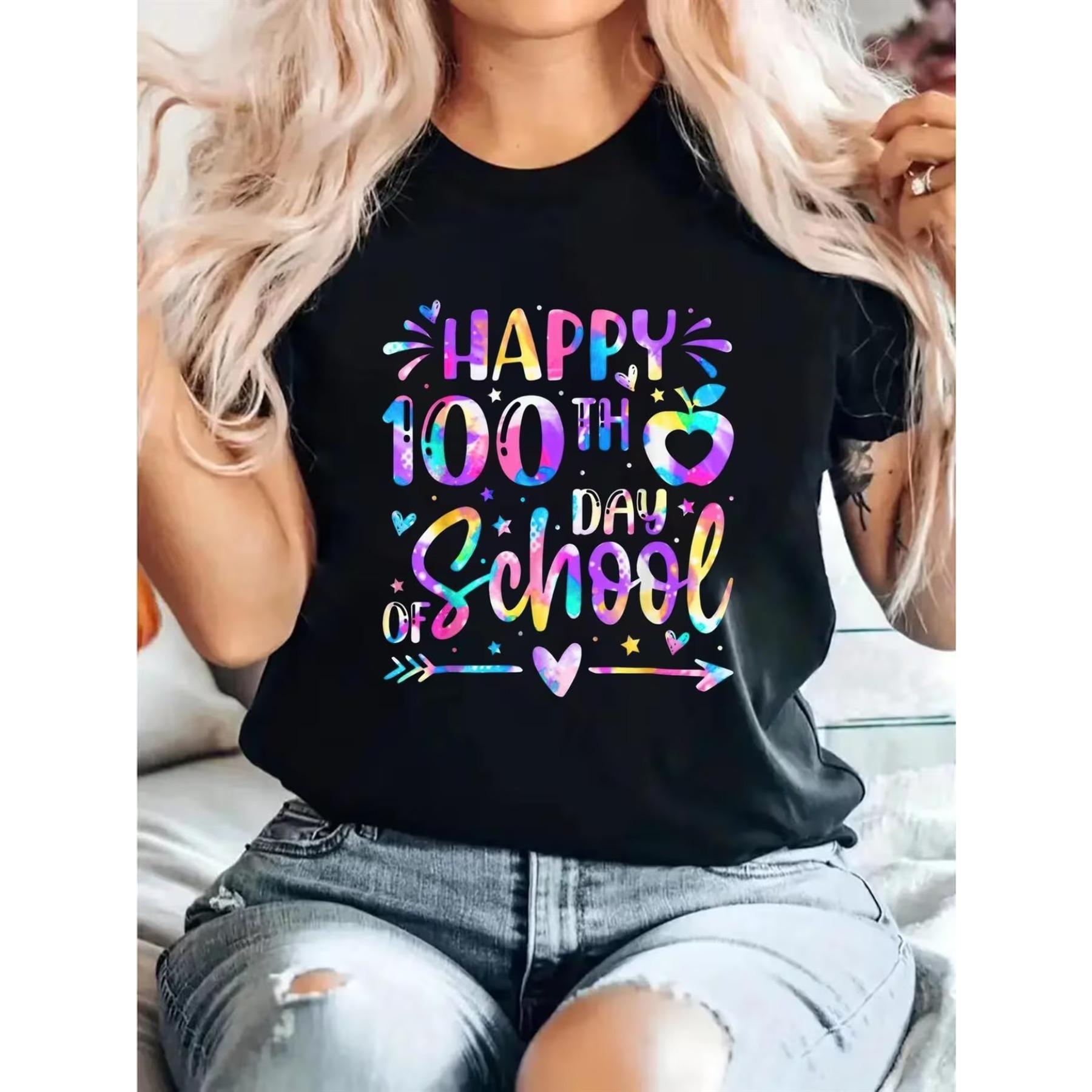 

Women s 100 Days Smarter Tie-Dye Rainbow T-Shirt - 100th Day Celebration Slim Fit Short Sleeve Top XXL чорний