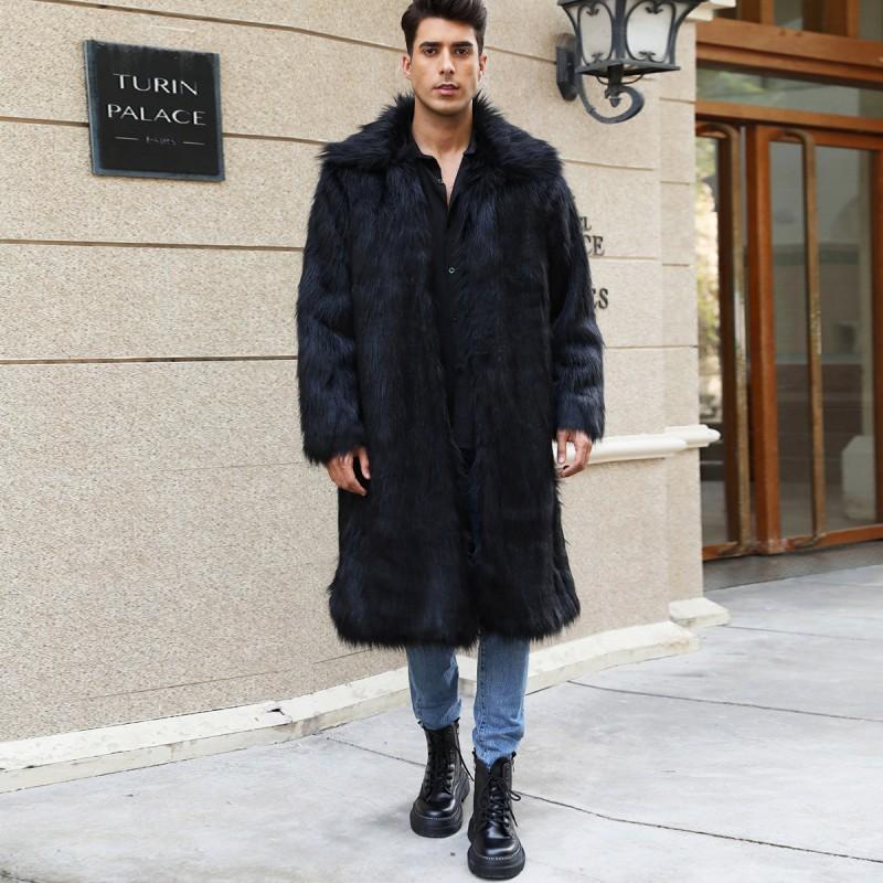 Mens Faux Fur Coat Warm Winter Long Overcoat Black Fox Jacket