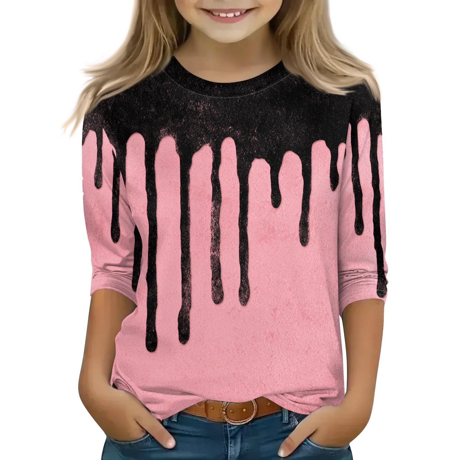 

Print Tops For Youth Girls 5-16 Years Round Neck 3/4 Sleeves T-Shirts Trendy Tops Outfit Tees 120 рожевий
