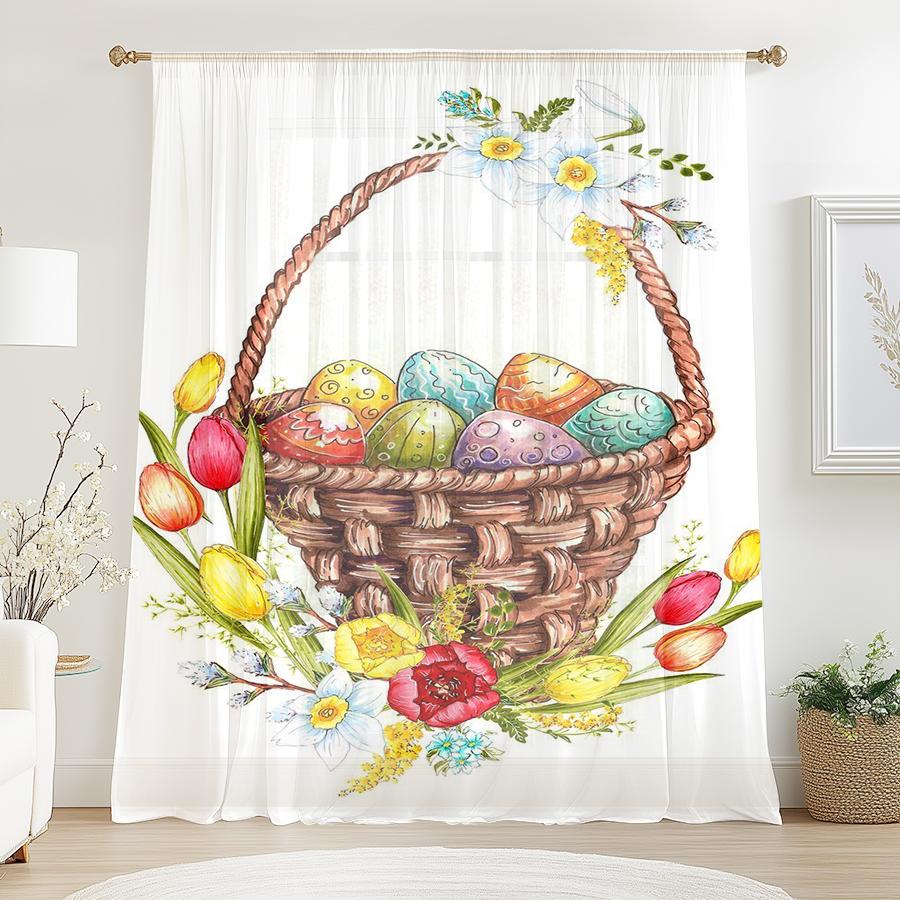 1PC transparent curtains, Easter egg flower pattern basket, suitable for bedrooms and living rooms, pole bag style
