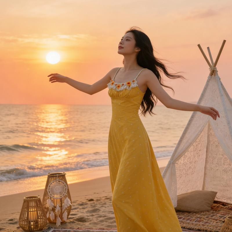 French Pastoral Yellow Lace Splicing Three-dimensional Flower Suspender Dress Women's High-end A-word Long Dress Wholesale