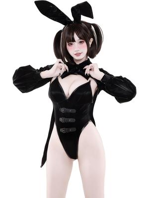 SENMHS Bunny Girl Cosplay, Sexy PU Leather Leotard, High-Leg, Bold Bunny Ears, One Size, Black, Women's, 3-Piece Set, Includes Headband and Tailcoat