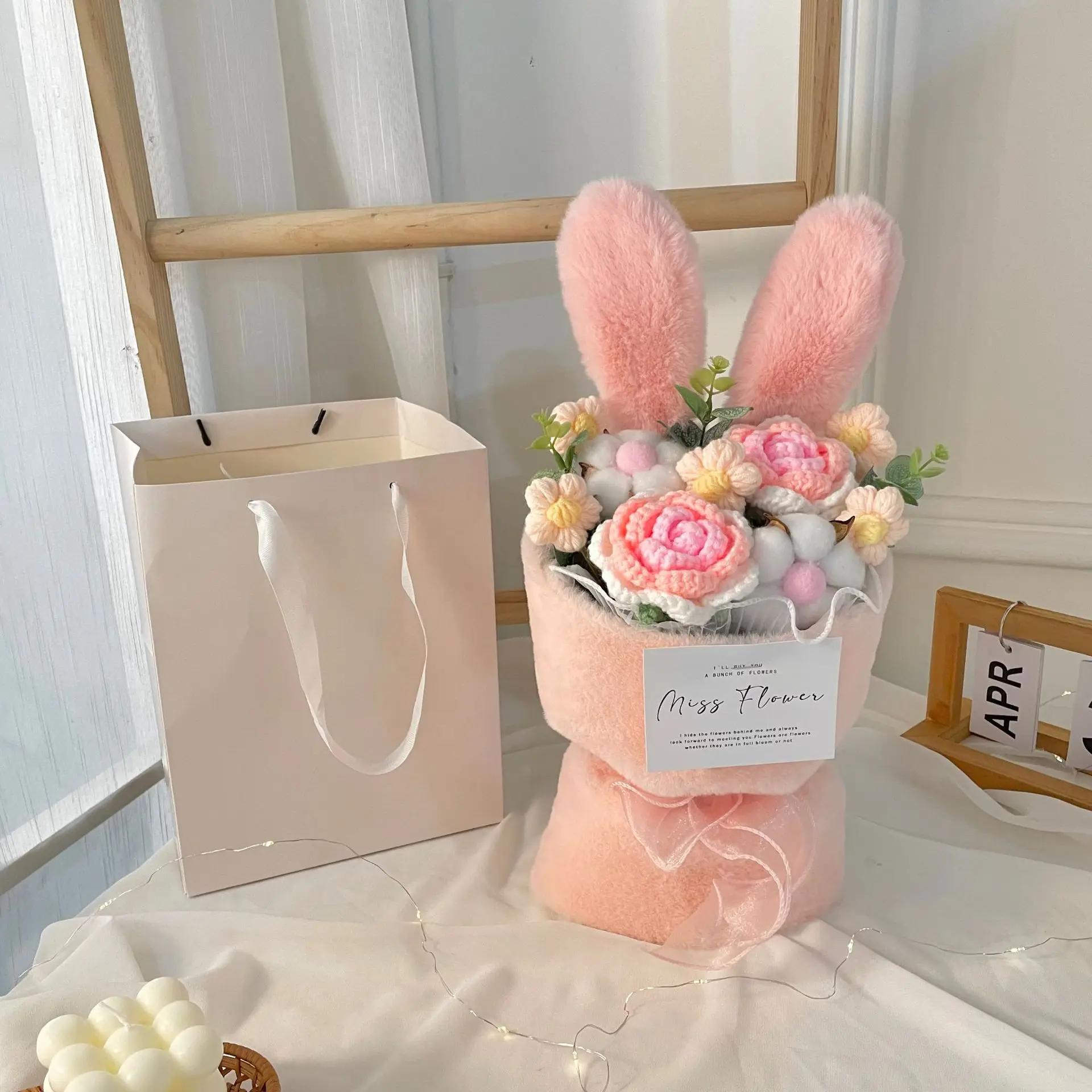 

Rabbit Ear Bouquet Knitted Flower Doll Children s Gift Bouquet for Girlfriend Home Decor Handicrafts Sending Gifts To Elders розовый