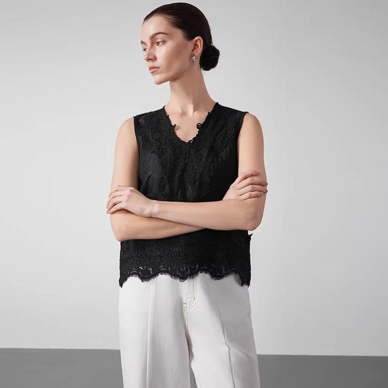 DIMANAF 2026 Neues Weste-T-Shirt Damen Spitze Rundhalsausschnitt Ausgeschnitten Sommerstil Basic Tops T-Shirts Lockere Weste