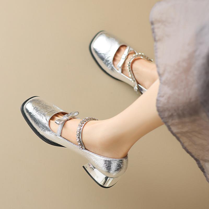 Augustine Mary Jane Women's Shoes 2025 New Spring Square Head French Coarse Heel Small Leather Shoes High Heel Shallow Mouth Single Shoes