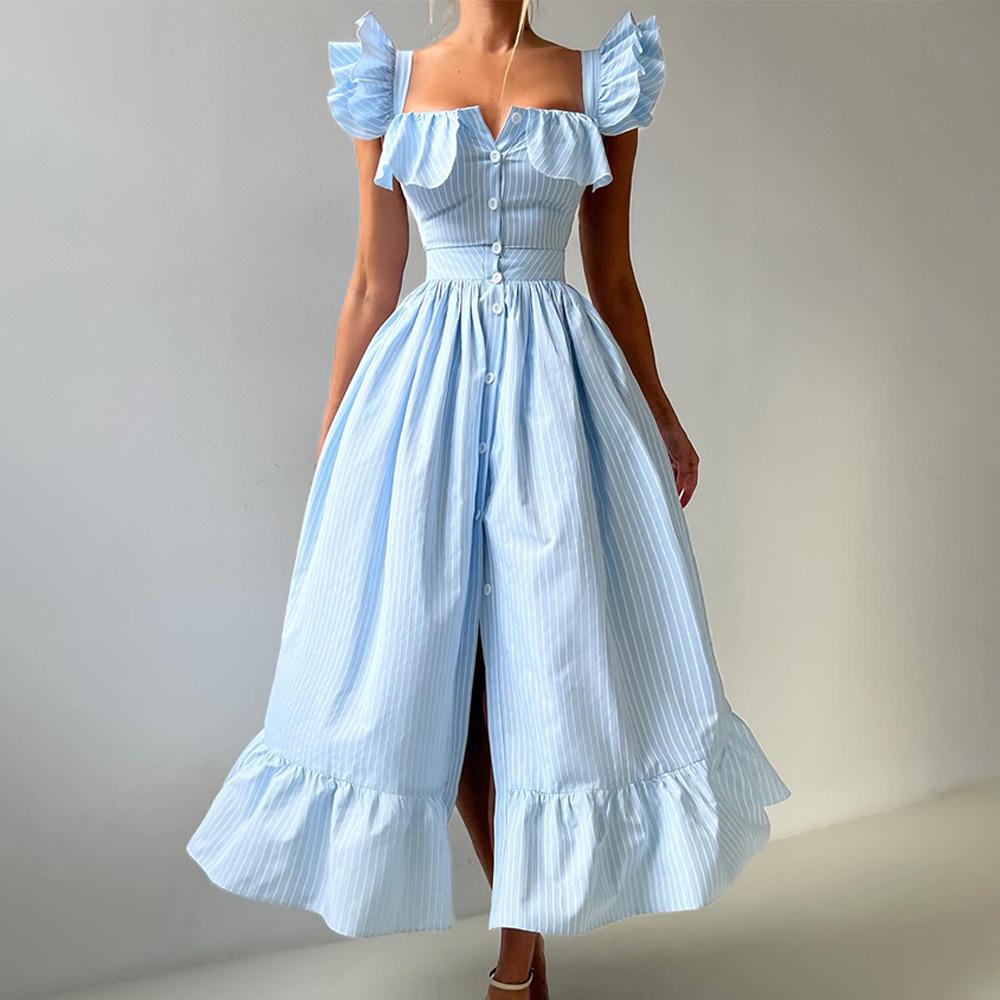 Striped dress European and American summer new button cardigan waist long dress flying sleeve dress women