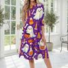 Women Halloween Print Casual Crew Neck Three Quarter Sleeve Midi Dress Comfortable Loose Fit Style