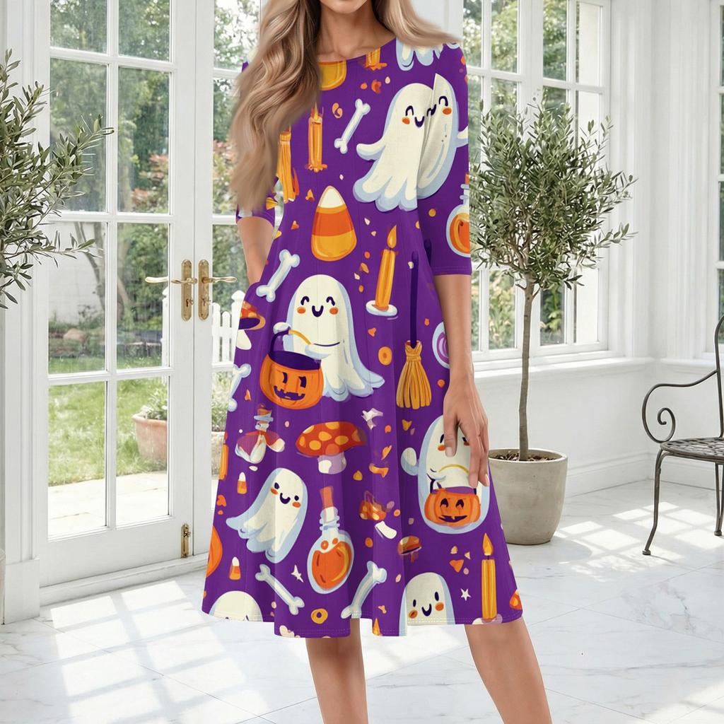 Women Halloween Print Casual Crew Neck Three Quarter Sleeve Midi Dress Comfortable Loose Fit Style
