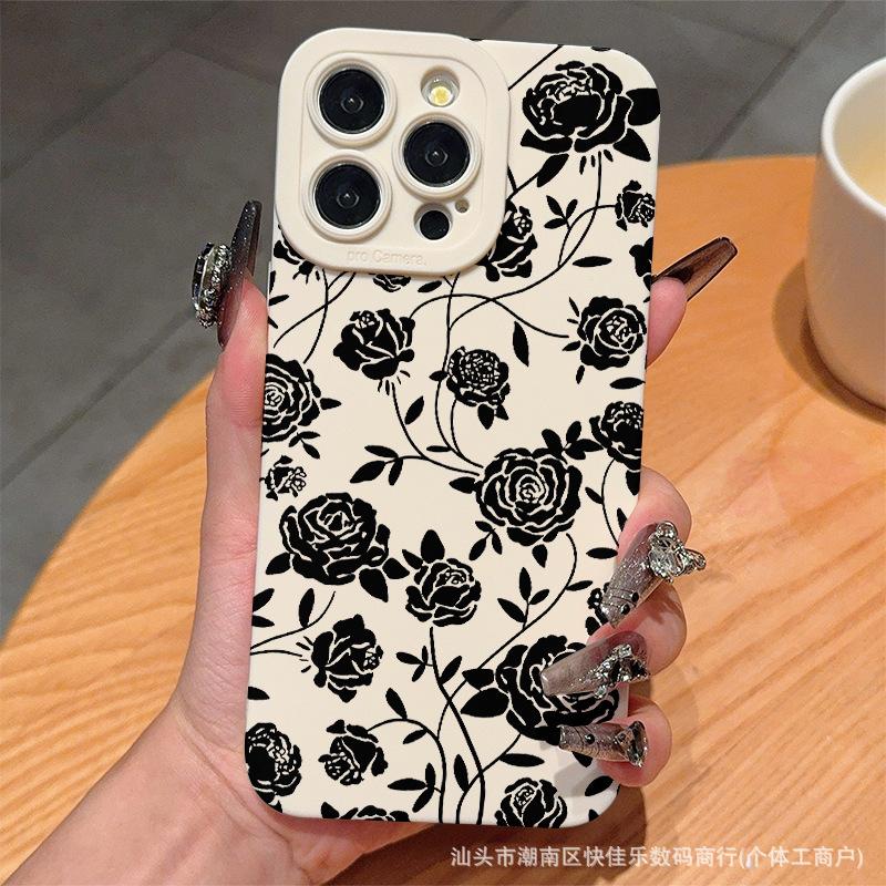 Black Rose for Apple 16/15promax Mobile Phone Case Iphone14/13/12/11 Soft Silicone 17