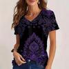 Camiseta de Manga Corta con Cuello en V Estampado de Rayas Florales Versátil Cómoda de Moda Casual para Mujer