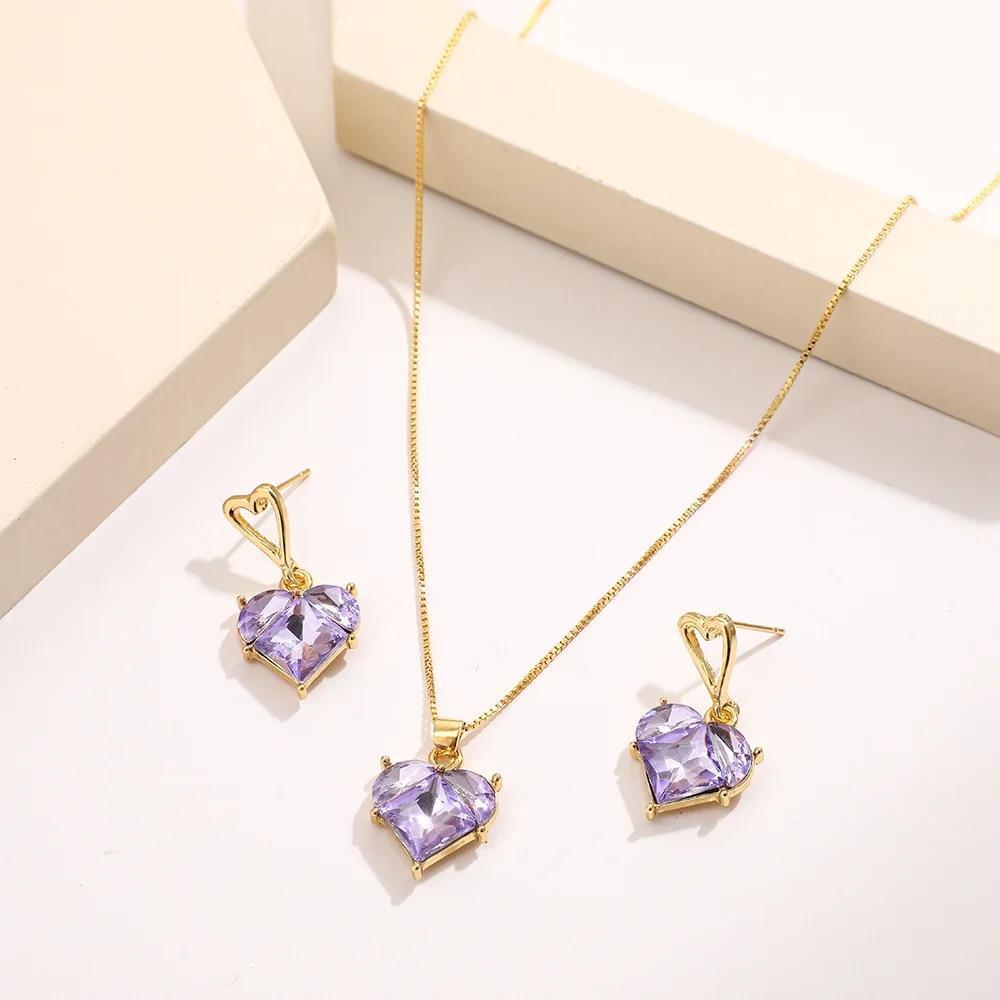 New Fashion Earrings Necklaces Set for Women Heart-shaped Zircon Pink Crystal Pendant Necklace Women's Jewelry Exquisite Gifts